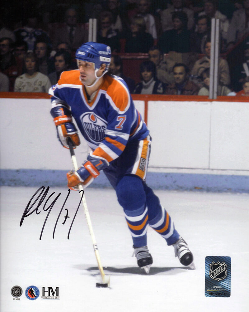Paul Coffey Signed Edmonton Oilers Blue Jersey Action With Puck 8x10 Photo