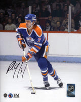 Paul Coffey Signed Edmonton Oilers Blue Jersey Action With Puck 8x10 Photo