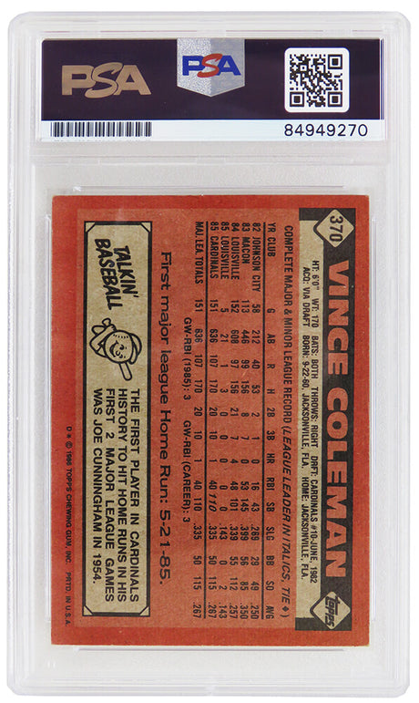 Vince Coleman Signed St. Louis Cardinals 1986 Topps Baseball Trading Card #370 - (PSA Encapsulated)