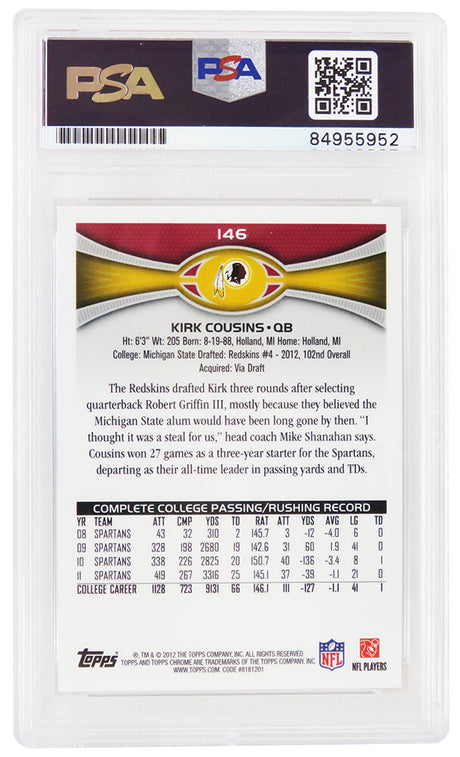 Kirk Cousins Signed 2012 Topps Chrome Rookie Football Trading Card #146 - (PSA Encapsulated)