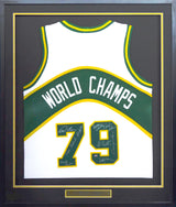 1978-79 NBA Champion Seattle Supersonics Autographed Framed White Jersey With 9 Signatures Including Fred Brown & Lenny Wilkens MCS Holo Stock #149144