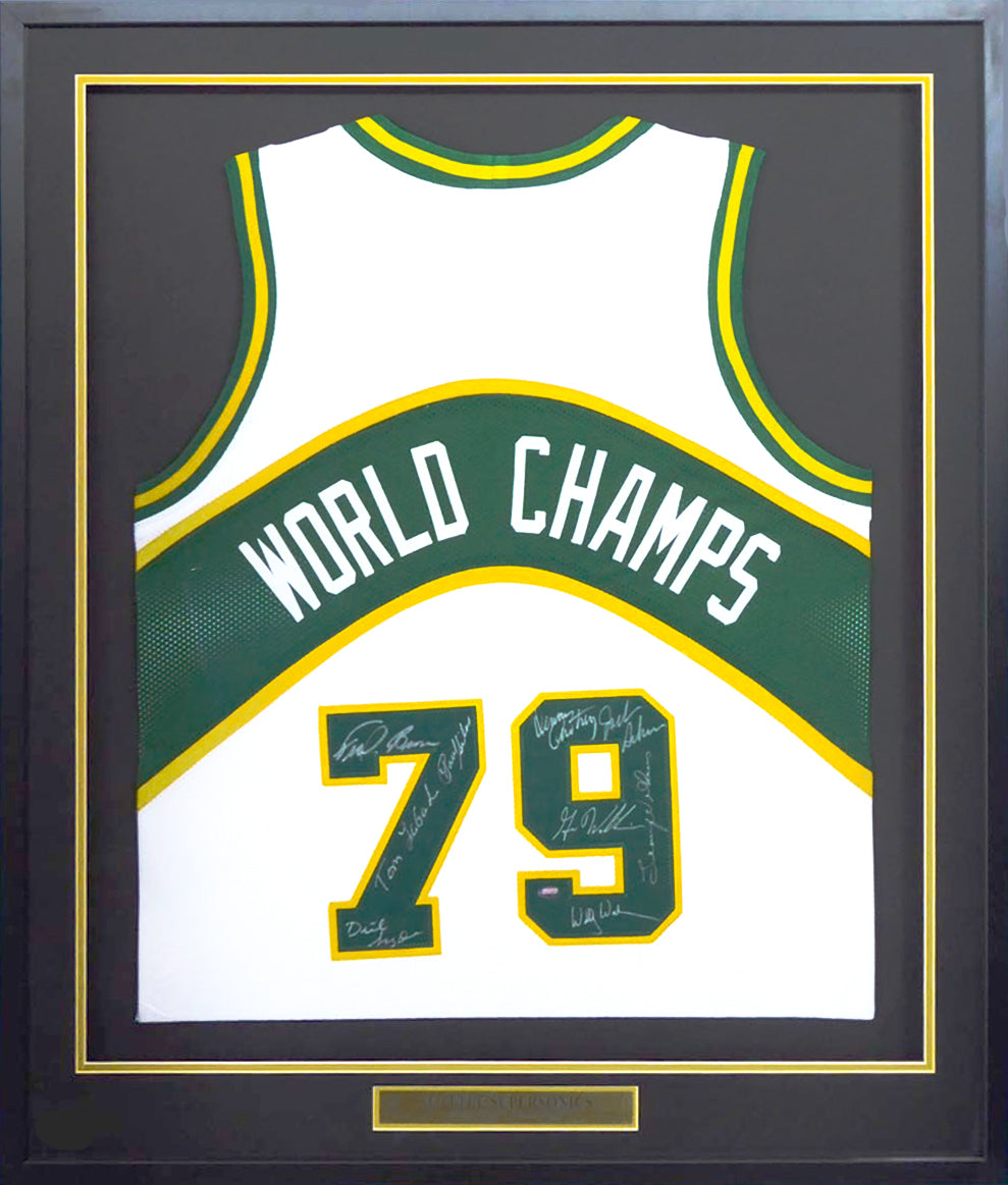 1978-79 NBA Champion Seattle Supersonics Autographed Framed White Jersey With 9 Signatures Including Fred Brown & Lenny Wilkens MCS Holo Stock #149144