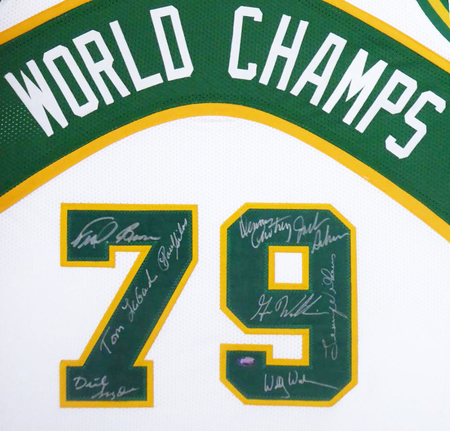 1978-79 NBA Champion Seattle Supersonics Autographed Framed White Jersey With 9 Signatures Including Fred Brown & Lenny Wilkens MCS Holo Stock #149144