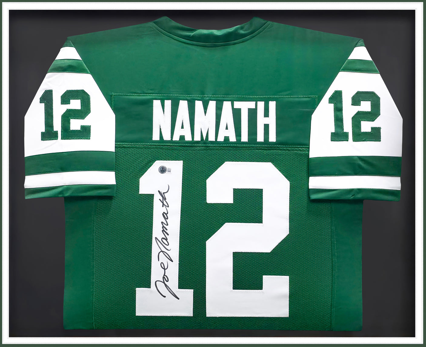 New York Jets Joe Namath Autographed Framed Green Jersey Beckett BAS Witness Stock #238539