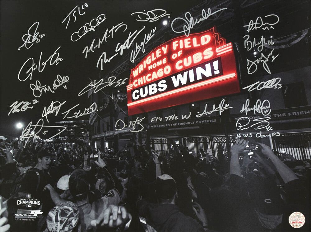 2016 Chicago Cubs Team Signed Chicago Cubs 2016 World Series Wrigley Field Marquee Spotlight 16x20 Photo (23 Sigs)