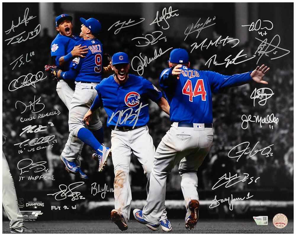 2016 Chicago Cubs Team Signed Cubs 2016 World Series Infielders Celebration Spotlight 16x20 Photo (25 Sigs)