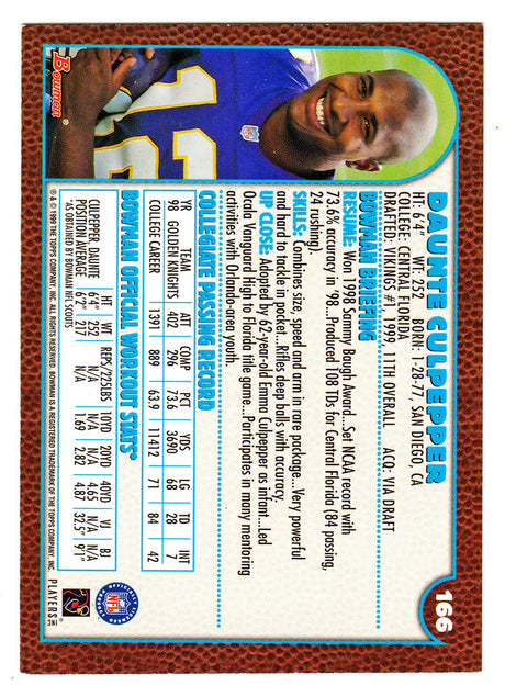 Daunte Culpepper Signed Minnesota Vikings 1999 Bowman Rookie Football Trading Card #166