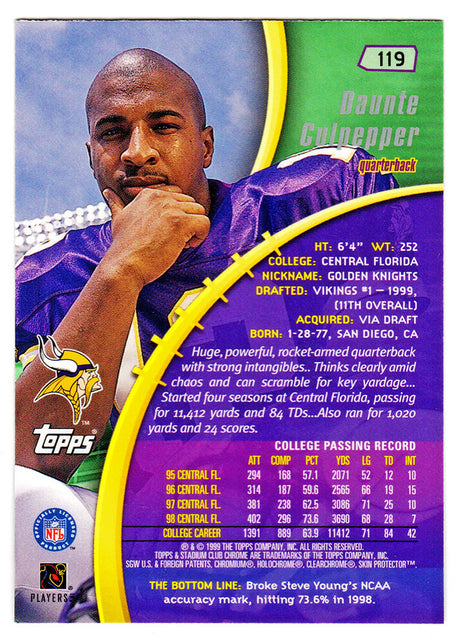 Daunte Culpepper Signed Minnesota Vikings 1999 Stadium Club Chrome Rookie Football Trading Card #119