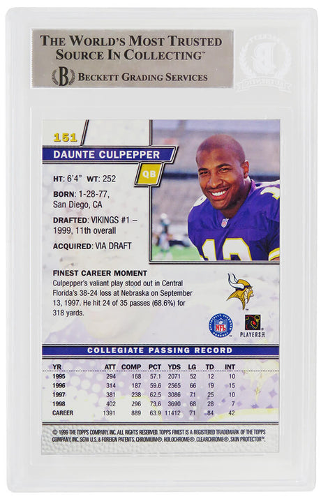 Daunte Culpepper Signed Minnesota Vikings 1999 Topps Finest Rookie Football Card #151 (Beckett Encapsulated)