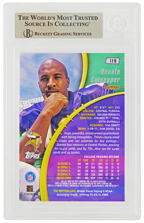 Daunte Culpepper Signed Minnesota Vikings 1999 Stadium Club Chrome Rookie Football Card #119 (Beckett Encapsulated)