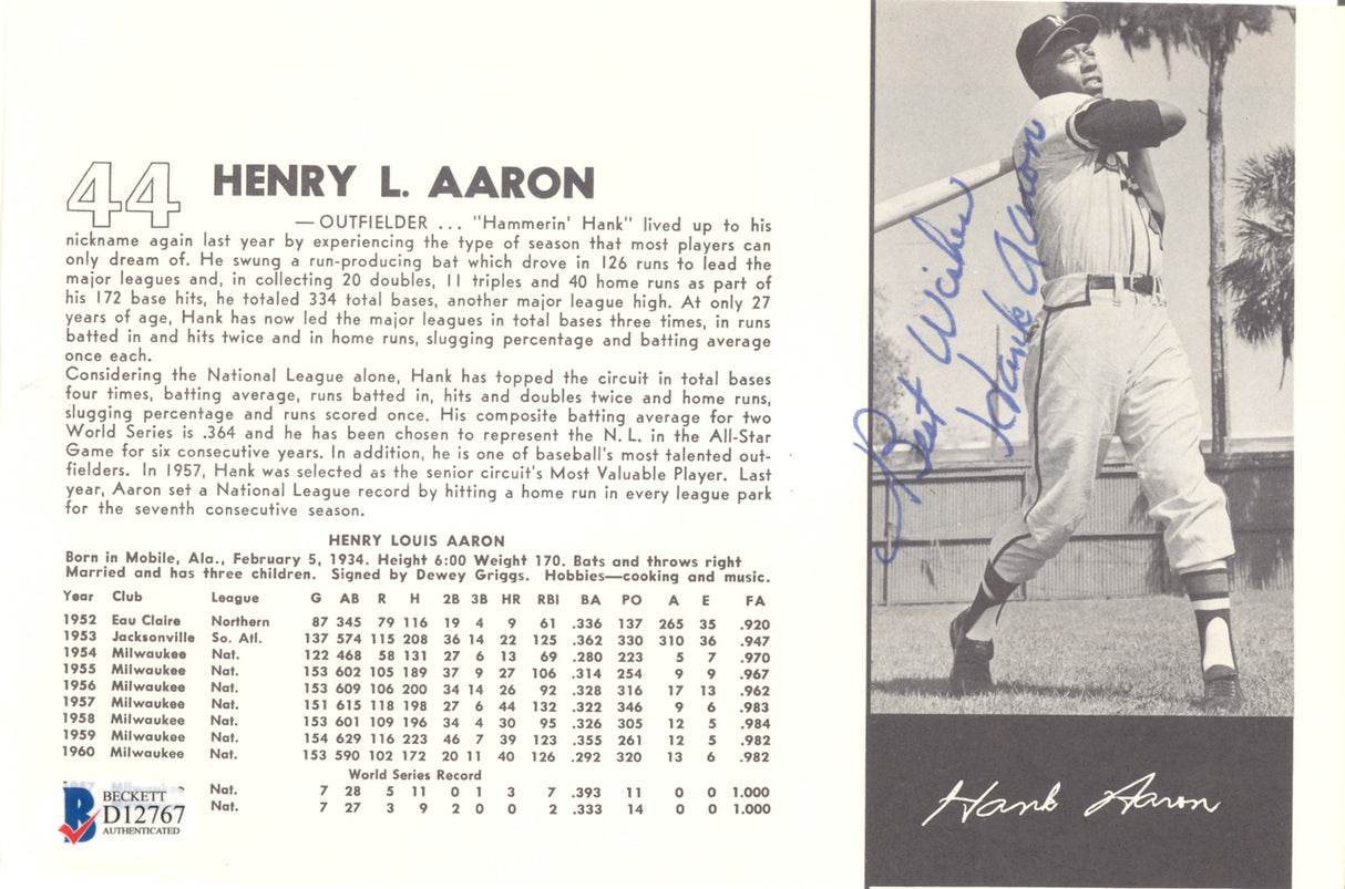 Hank Aaron Autographed 5x8 Magazine Page Photo Milwaukee Braves "Best Wishes" Vintage Playing Days Signature Beckett BAS #D12767