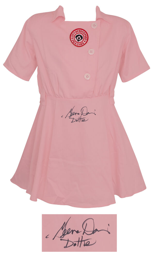 Geena Davis Signed Rockford Peaches Pink Costume Women's Baseball Jersey w/Dottie