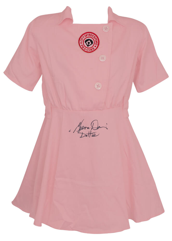 Geena Davis Signed Rockford Peaches Pink Costume Women's Baseball Jersey w/Dottie