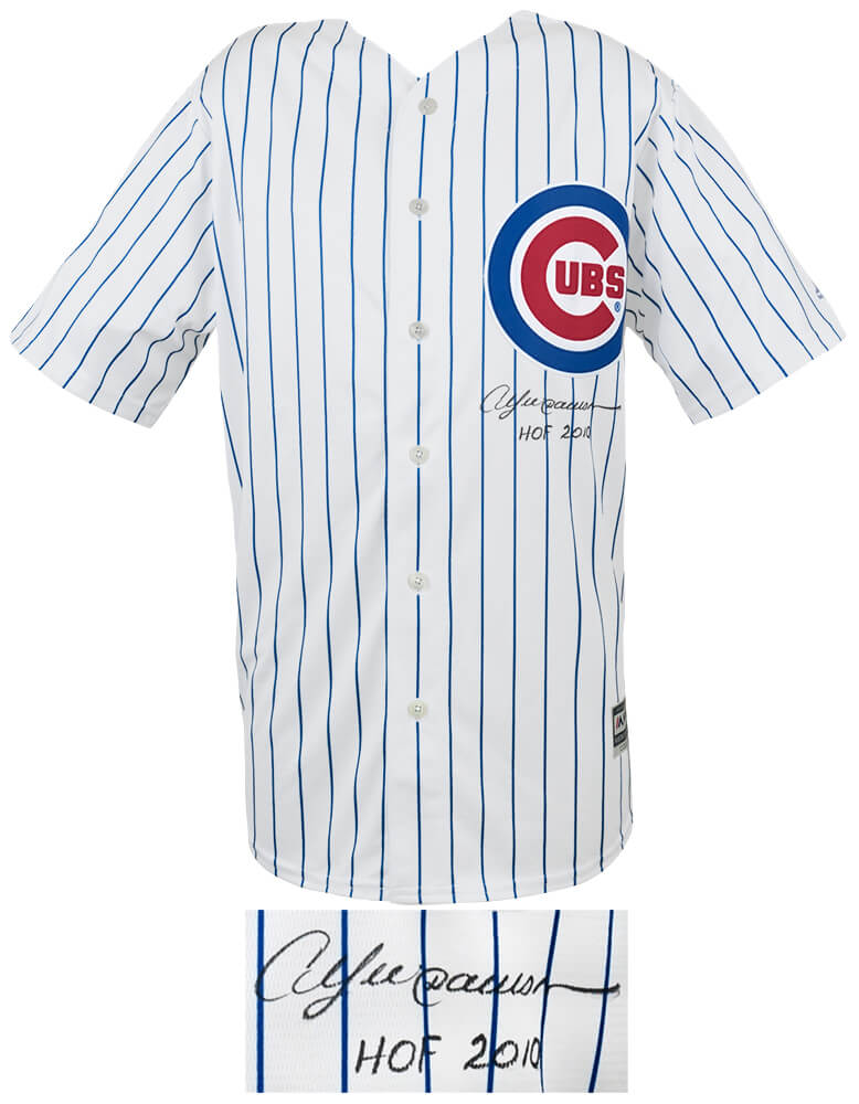 Andre Dawson Signed Chicago Cubs White Pinstripe Majestic Replica Baseball Jersey w/HOF 2010
