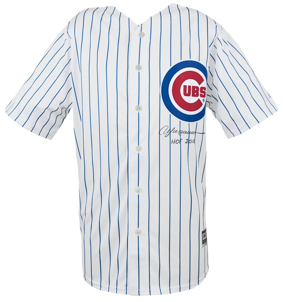 Andre Dawson Signed Chicago Cubs White Pinstripe Majestic Replica Baseball Jersey w/HOF 2010