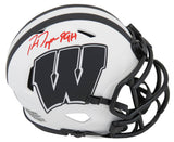 Ron Dayne Signed Wisconsin Badgers Lunar Eclipse White Matte Riddell Speed Mini Helmet w/99H - (In Red)