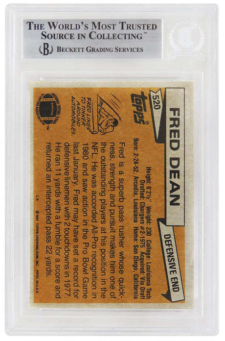 Fred Dean Signed Chargers 1981 Topps Football Trading Card #520 w/HOF'08 (Beckett Encapsulated)