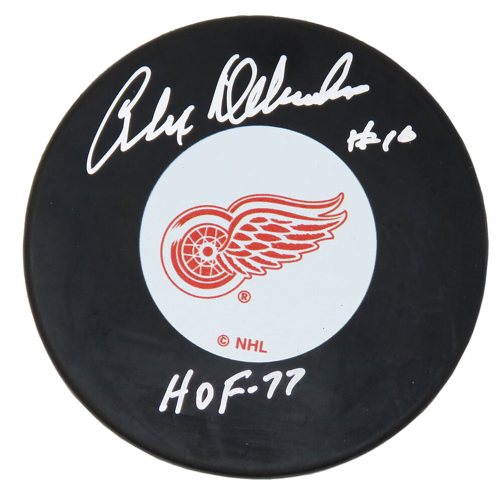 Alex Delvecchio Signed Detroit Red Wings Logo Hockey Puck w/HOF'77