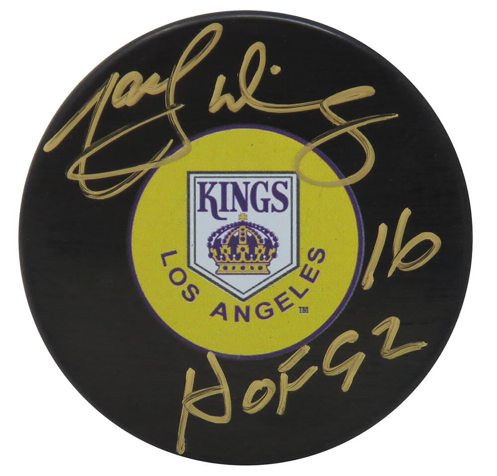 Marcel Dionne Signed Los Angeles Kings Throwback Logo Hockey Puck w/HOF'92 (In Gold)