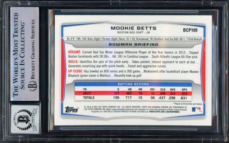 Mookie Betts Autographed 2014 Bowman Chrome Prospects Rookie Card #BCP109 Boston Red Sox Auto Grade Gem Mint 10 Beckett BAS Stock #220721