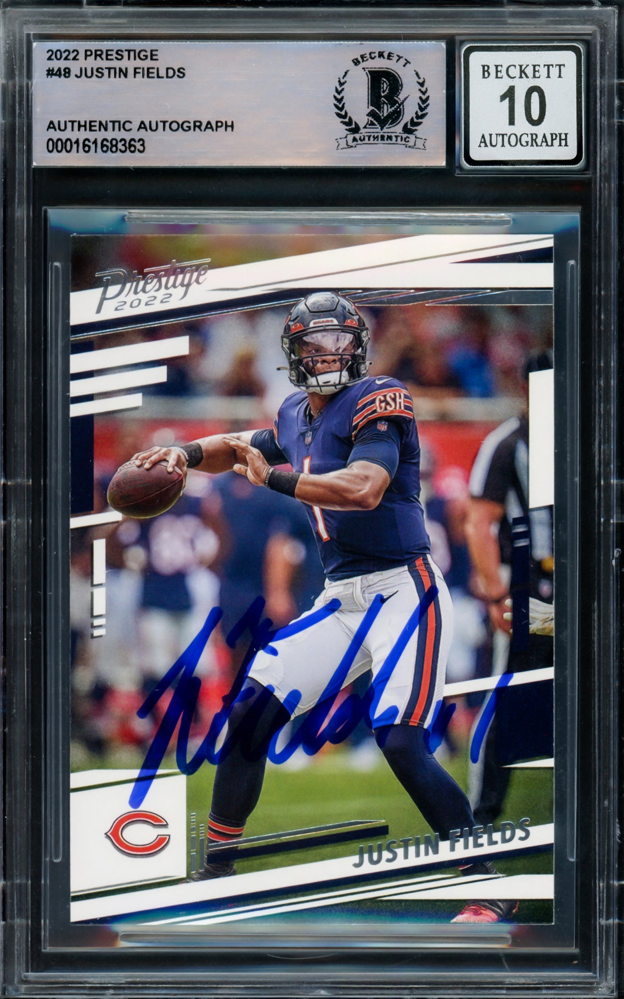 Justin Fields Autographed 2021 Panini Prestige Rookie Card #48 Chicago Bears Auto Grade Gem Mint 10 Beckett BAS Stock #220727