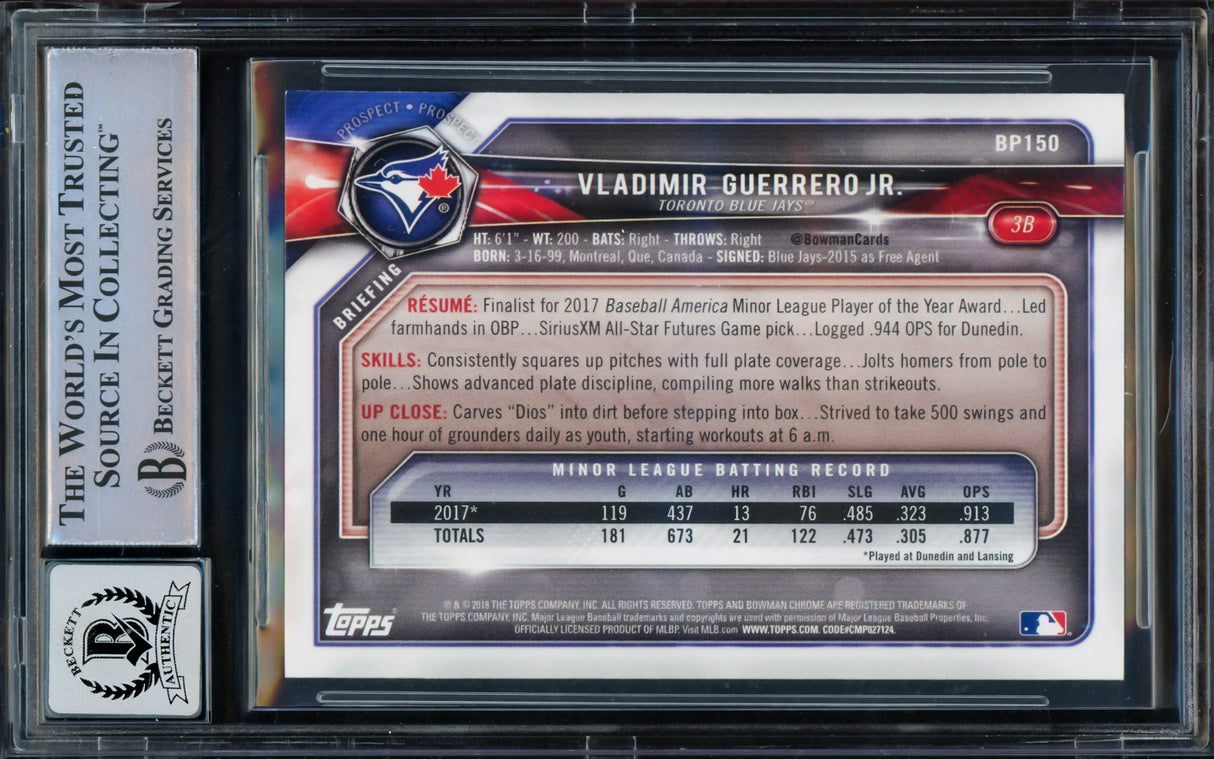Vladimir Guerrero Jr. Autographed 2018 Bowman Prospects Rookie Card #BP150 Toronto Blue Jays Auto Grade Gem Mint 10 Beckett BAS Stock #220728