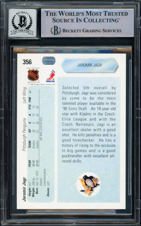Jaromir Jagr Autographed 1990-91 Upper Deck Rookie Card #356 Pittsburgh Penguins Auto Grade Gem Mint 10 Beckett BAS Stock #220731