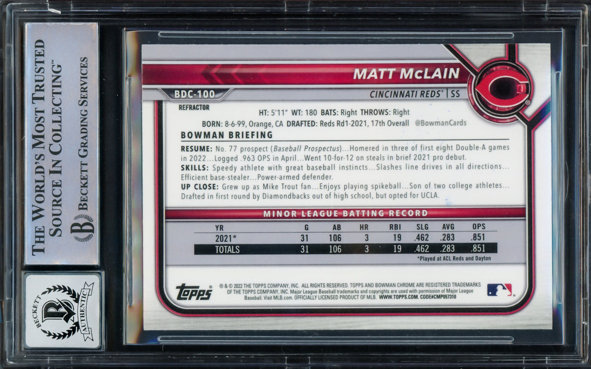 Matt McLain Autographed 2022 Bowman Chrome Draft Refractors Rookie Card #BDC100 Cincinnati Reds Auto Grade Gem Mint 10 Beckett BAS Stock #220732