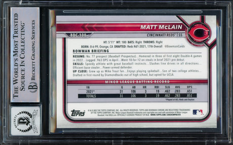 Matt McLain Autographed 2022 Bowman Chrome Draft Rookie Card #BDC100 Cincinnati Reds Auto Grade Gem Mint 10 Beckett BAS Stock #220733
