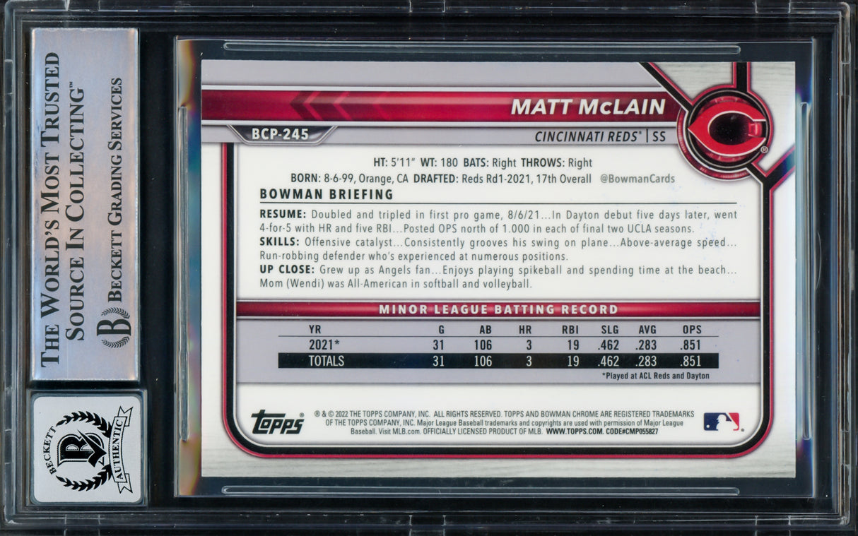 Matt McLain Autographed 2022 1st Bowman Chrome Rookie Card #BCP245 Cincinnati Reds Auto Grade Gem Mint 10 "MLB Debut 5/15/23" Beckett BAS Stock #220734