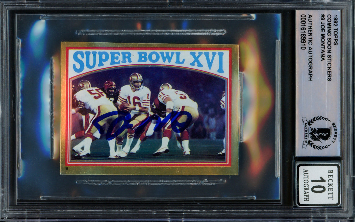 Joe Montana Autographed 1982 Topps Coming Soon Stickers Card #9 San Francisco 49ers Auto Grade Gem Mint 10 Beckett BAS Stock #220744
