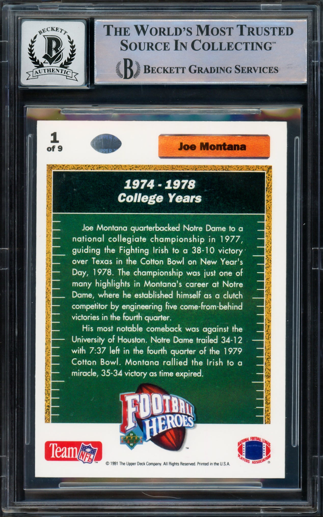 Joe Montana Autographed 1991 Upper Deck Heroes Card #1 San Francisco 49ers Auto Grade Gem Mint 10 Beckett BAS Stock #220755