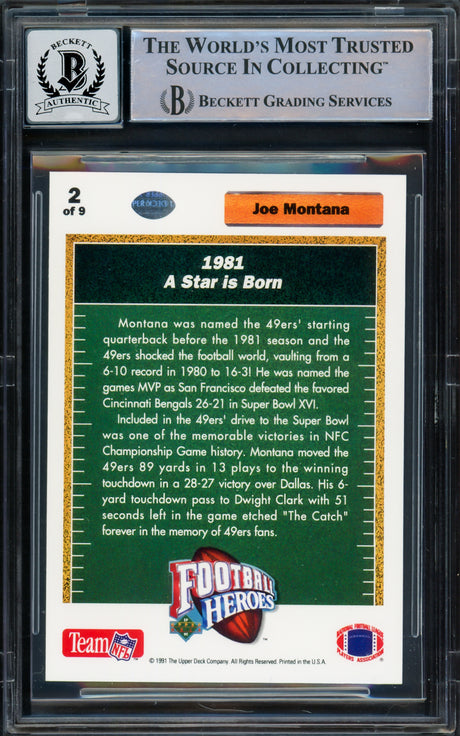 Joe Montana Autographed 1991 Upper Deck Heroes Card #2 San Francisco 49ers Auto Grade Gem Mint 10 Beckett BAS Stock #220756