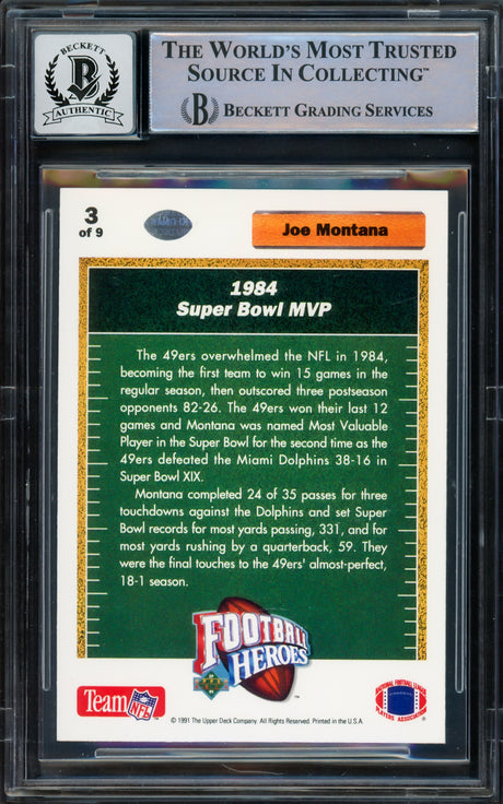 Joe Montana Autographed 1991 Upper Deck Heroes Card #3 San Francisco 49ers Auto Grade Gem Mint 10 Beckett BAS Stock #220757