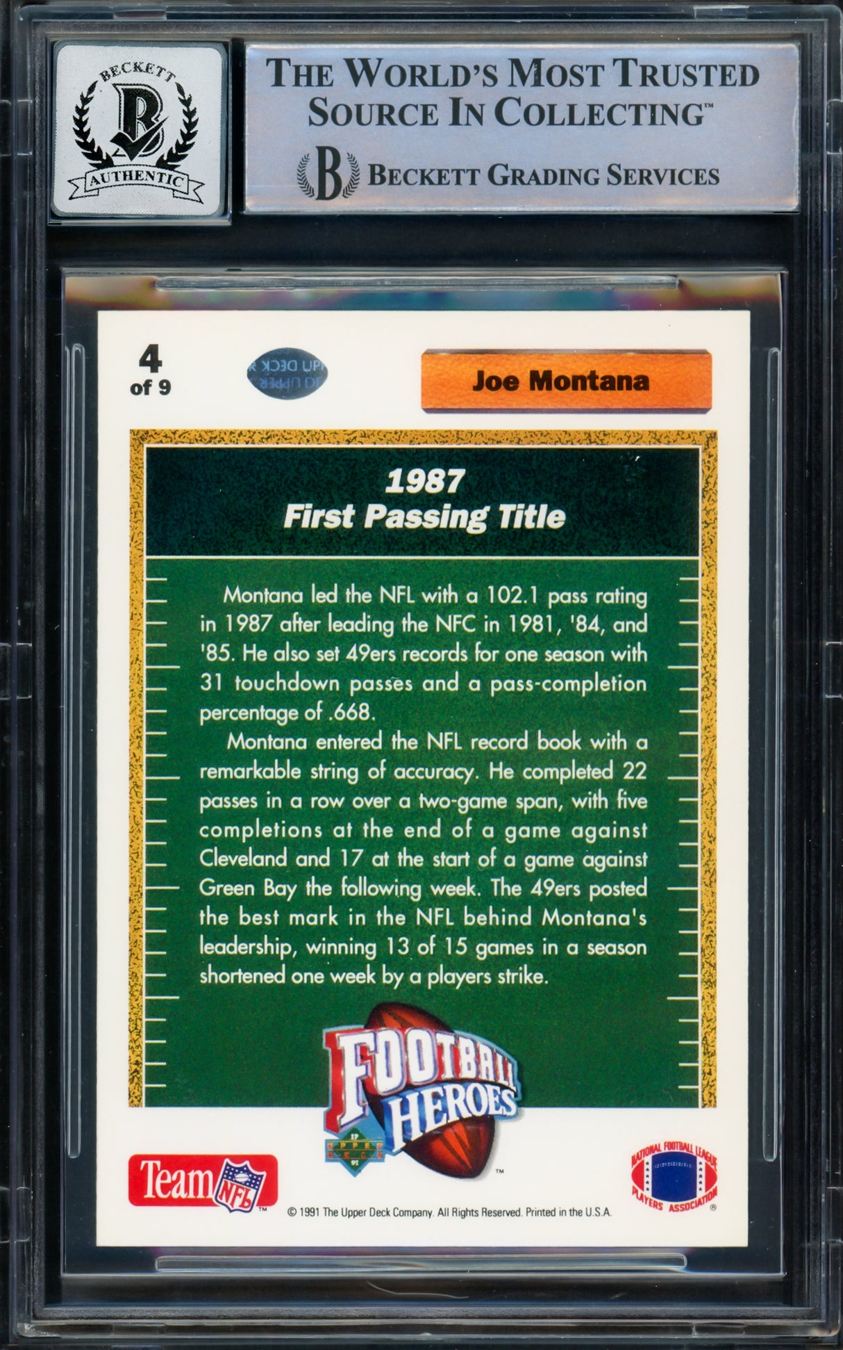 Joe Montana Autographed 1991 Upper Deck Heroes Card #4 San Francisco 49ers Auto Grade Gem Mint 10 Beckett BAS Stock #220758