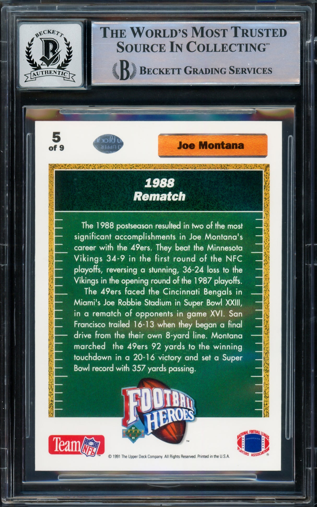Joe Montana Autographed 1991 Upper Deck Heroes Card #5 San Francisco 49ers Auto Grade Gem Mint 10 Beckett BAS Stock #220759