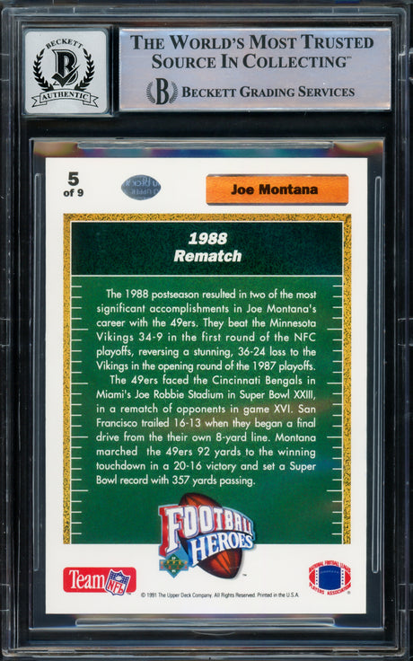 Joe Montana Autographed 1991 Upper Deck Heroes Card #5 San Francisco 49ers Auto Grade Gem Mint 10 Beckett BAS Stock #220759