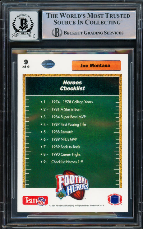 Joe Montana Autographed 1991 Upper Deck Heroes Card #9 San Francisco 49ers Auto Grade Gem Mint 10 Beckett BAS Stock #220761