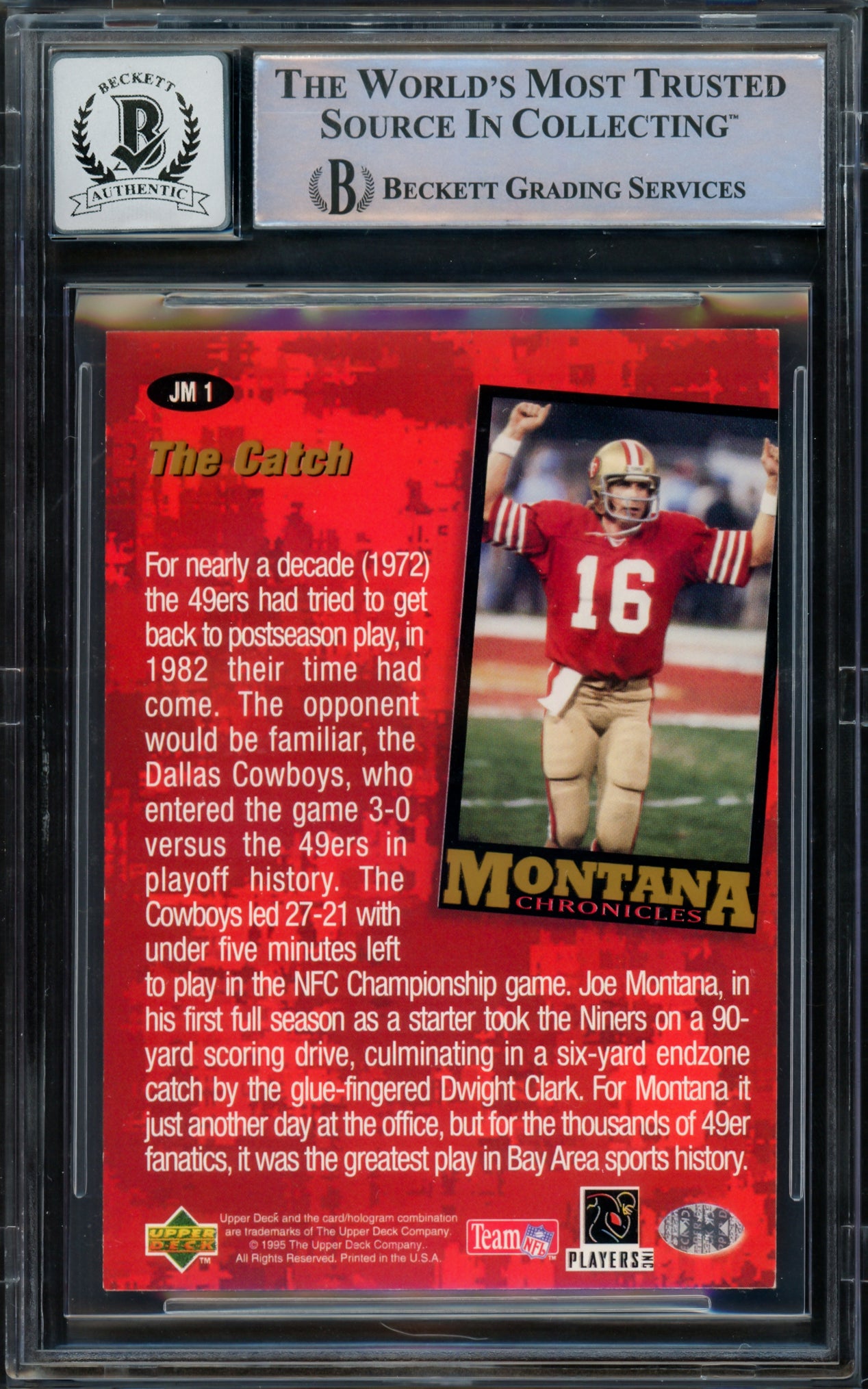 Joe Montana Autographed 1995 Upper Deck Collector's Choice Chronicles Card #JM1 San Francisco 49ers Auto Grade Gem Mint 10 Beckett BAS Stock #220767