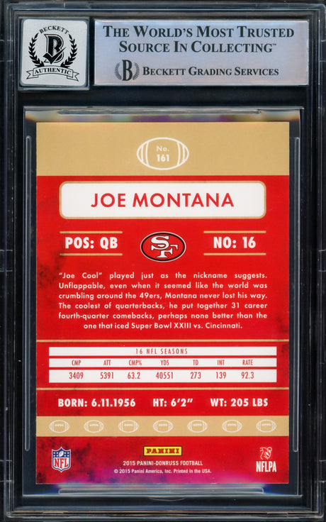 Joe Montana Autographed 2015 Donruss Card #161 San Francisco 49ers Auto Grade Gem Mint 10 Beckett BAS Stock #220774