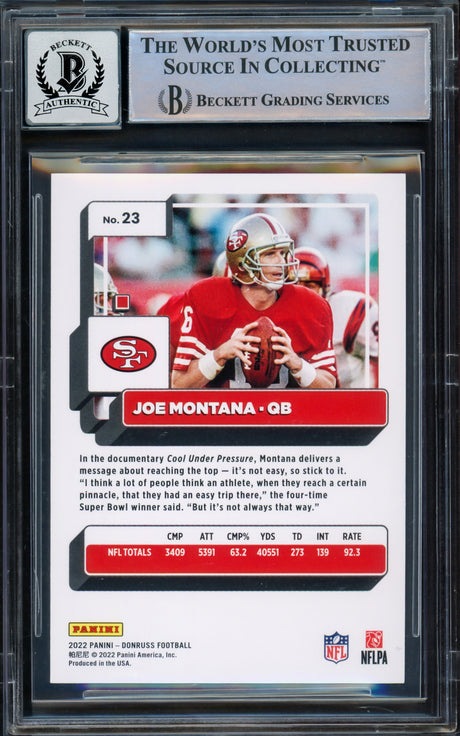 Joe Montana Autographed 2022 Donruss Card #23 San Francisco 49ers Auto Grade Gem Mint 10 Beckett BAS Stock #220776
