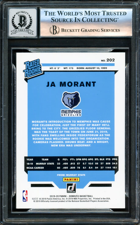 Ja Morant Autographed 2019-20 Donruss Rookie Card #202 Memphis Grizzlies Auto Grade Gem Mint 10 Beckett BAS Stock #220778