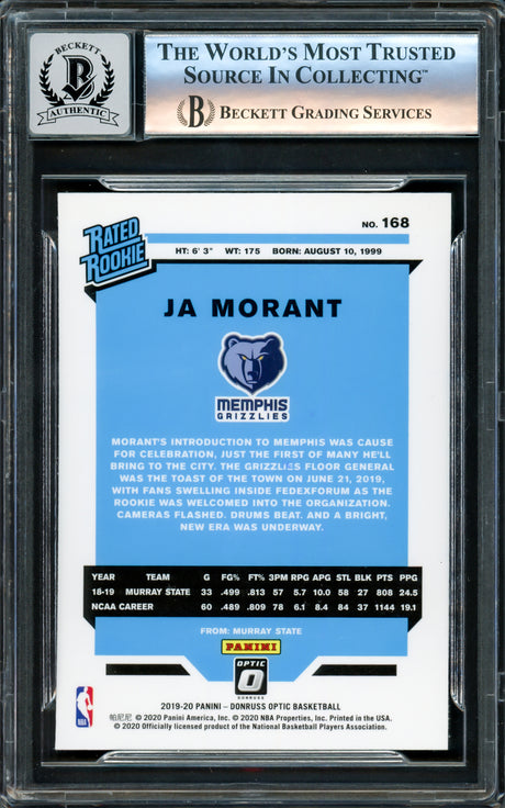 Ja Morant Autographed 2019-20 Donruss Optic Rated Rookies Rookie Card #168 Memphis Grizzlies Auto Grade Gem Mint 10 Beckett BAS Stock #220779