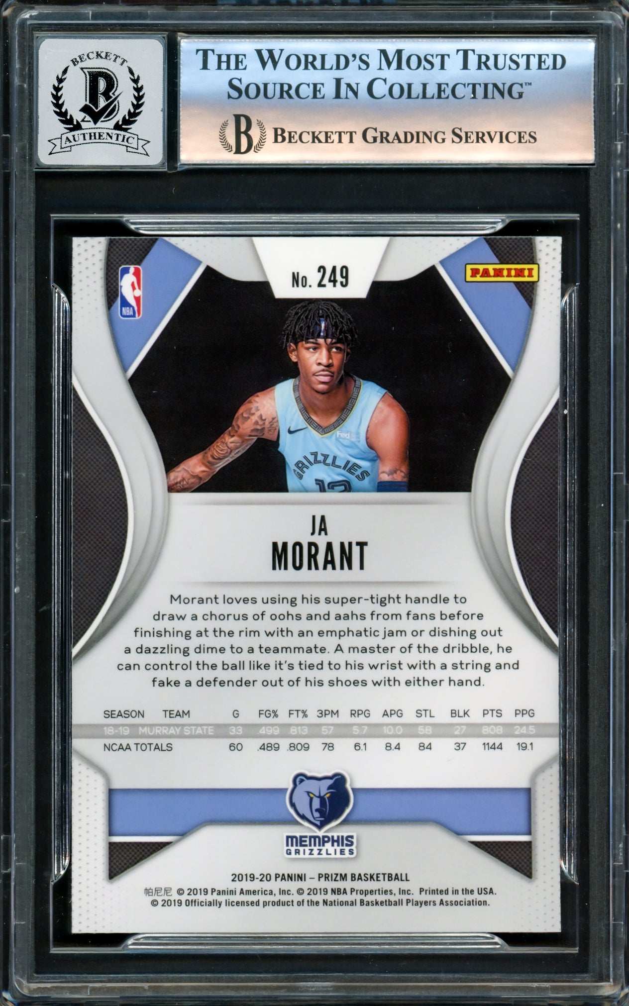 Ja Morant Autographed 2019-20 Panini Prizm Rookie Card #249 Memphis Grizzlies Auto Grade Gem Mint 10 Beckett BAS Stock #220782