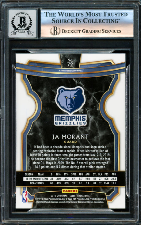 Ja Morant Autographed 2019-20 Panini Select Rookie Card #72 Memphis Grizzlies Auto Grade Gem Mint 10 Beckett BAS Stock #220783