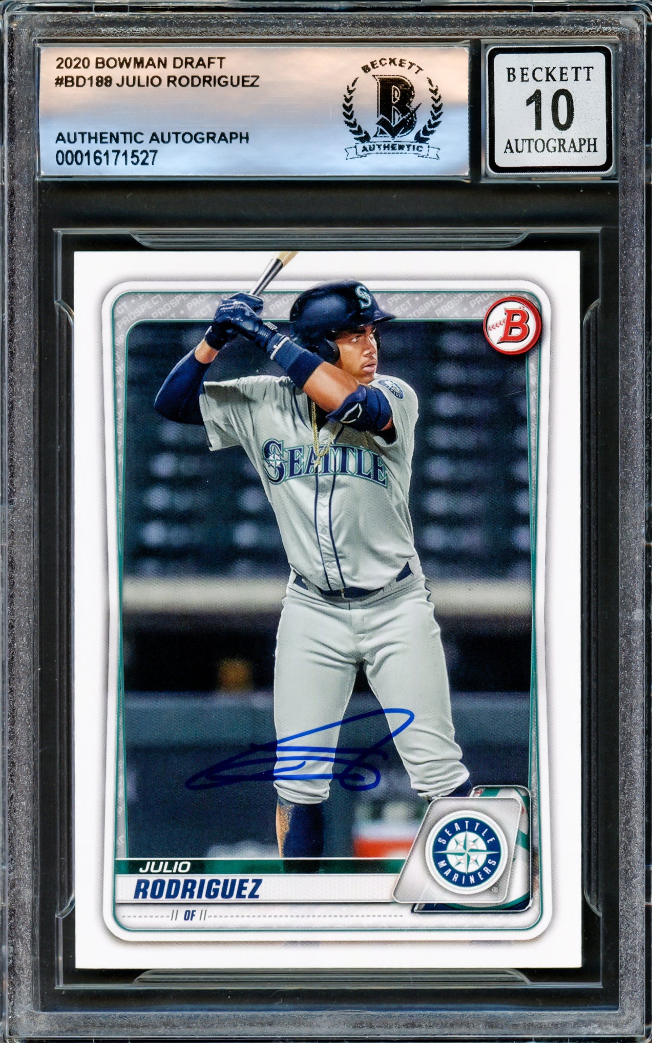 Julio Rodriguez Autographed 2020 Bowman Draft Card #BD188 Seattle Mariners Auto Grade Gem Mint 10 Beckett BAS Stock #220785
