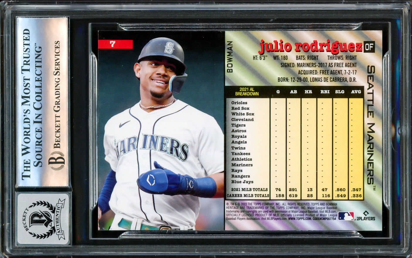 Julio Rodriguez Autographed 2022 Bowman Heritage Rookie Card #7 Seattle Mariners Auto Grade Gem Mint 10 Beckett BAS Stock #220792