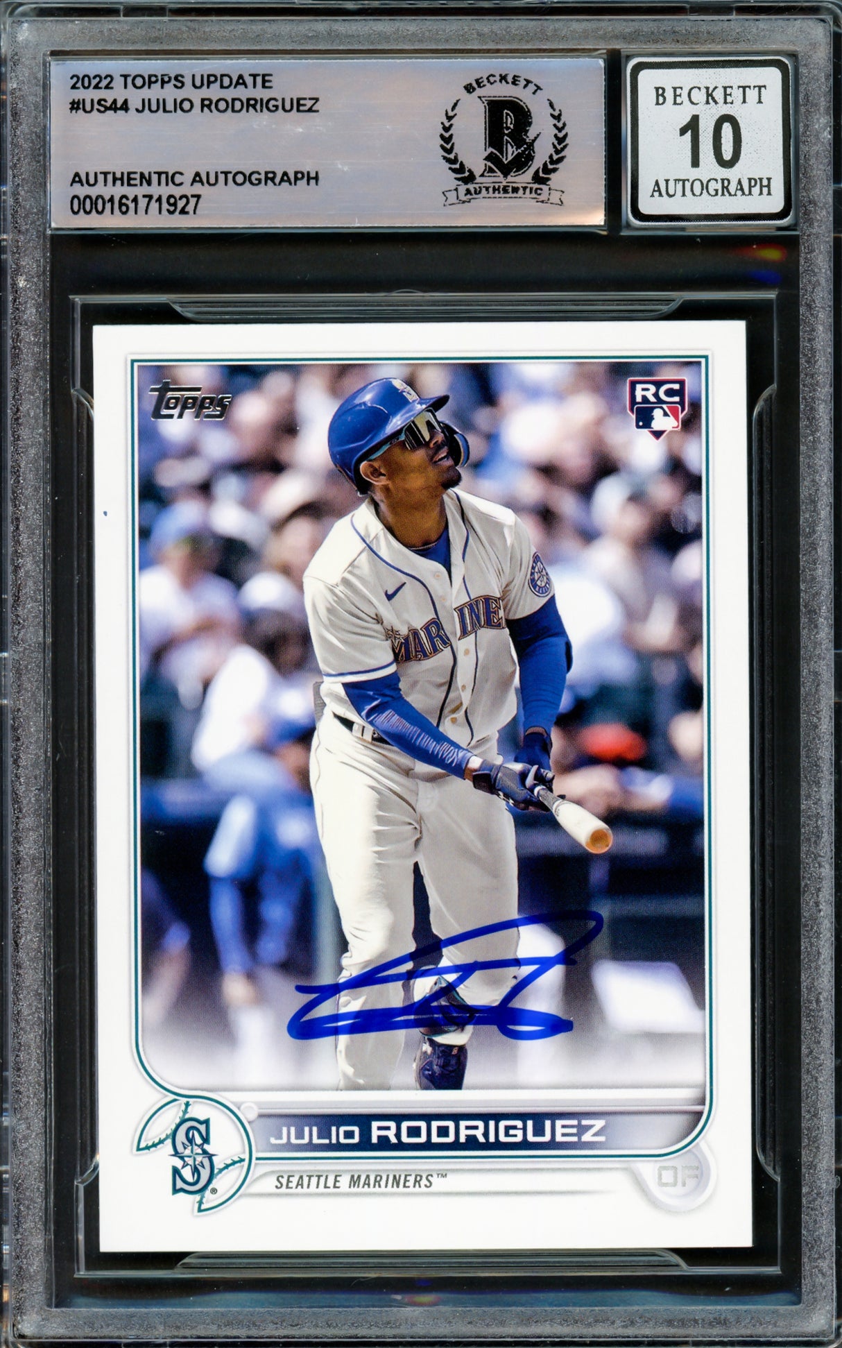 Julio Rodriguez Autographed 2022 Topps Update Rookie Card #US44 Seattle Mariners Auto Grade Gem Mint 10 Beckett BAS Stock #220793