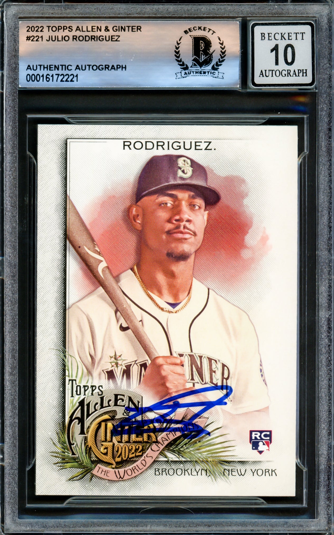 Julio Rodriguez Autographed 2022 Topps Allen & Ginter Rookie Card #221 Seattle Mariners Auto Grade Gem Mint 10 Beckett BAS Stock #220794