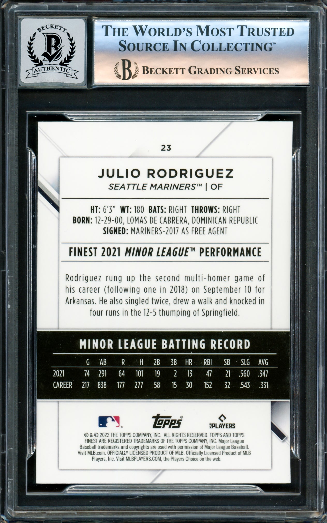 Julio Rodriguez Autographed 2022 Topps Finest Rookie Card #23 Seattle Mariners Auto Grade Gem Mint 10 Beckett BAS Stock #220798
